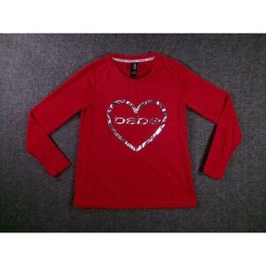 bebe Sleepwear Top Womens S Red Long Sleeve Metallic Heart Graphic Ribbed Logo